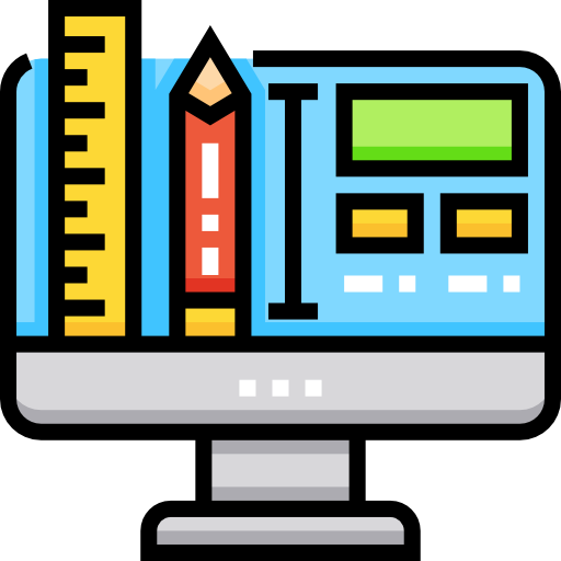 Computer monitor showcasing a ruler, pencil, spacer, and shapes as a icon for graphics.