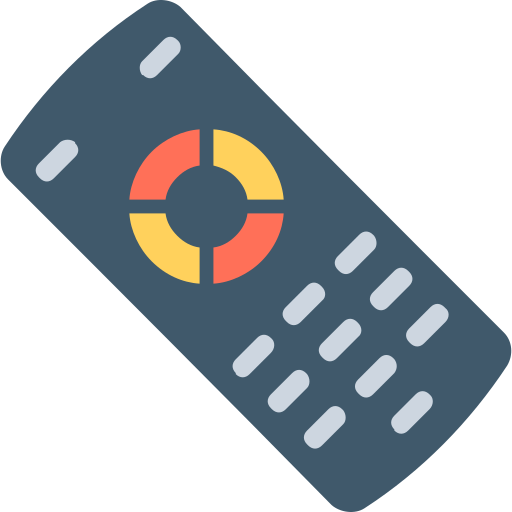 Remote control in dark navy blue with buttons on a diagonal angle as icon of control.