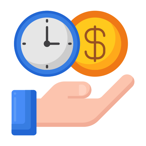 Clock and dollar coin hovering over a hand as time savings icon.