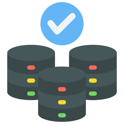 3 cylinder objects with rgb colors lights and a blue circle checkmark above as a database icon.