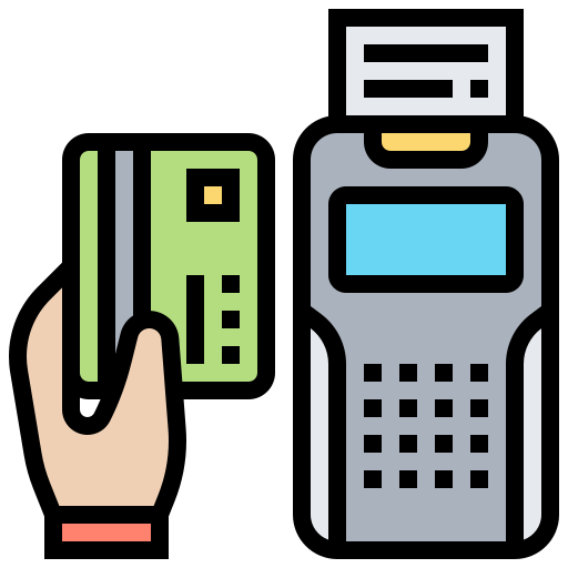 Debit machine with receipt protruding from it and a hand with a credit card position adjacent as a payment processing icon. 